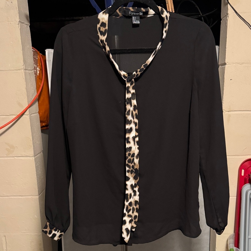 Forever 21 Black Blouse with Leopard Print Accents